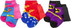 DC Comics Justice League Baby Girl 3-Pack Booties - Batman Baby Socks with Superman and Wonder Woman (3-Pack, 0-12 Months)