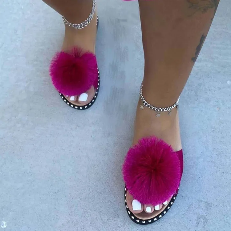 Fuzzy Pom Pom Flat Slippers for Women