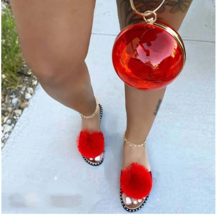 Fuzzy Pom Pom Flat Slippers for Women