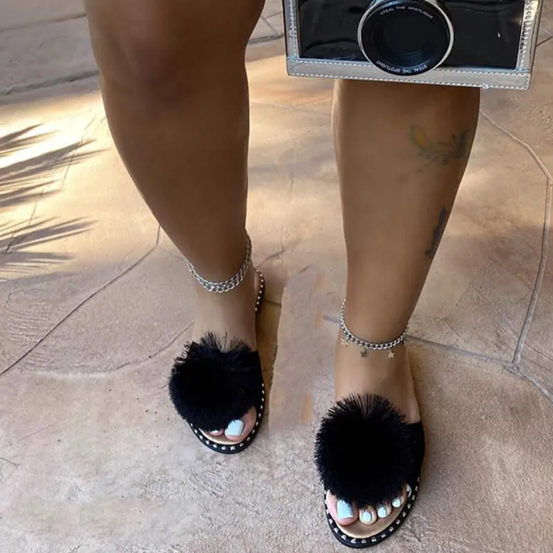 Fuzzy Pom Pom Flat Slippers for Women