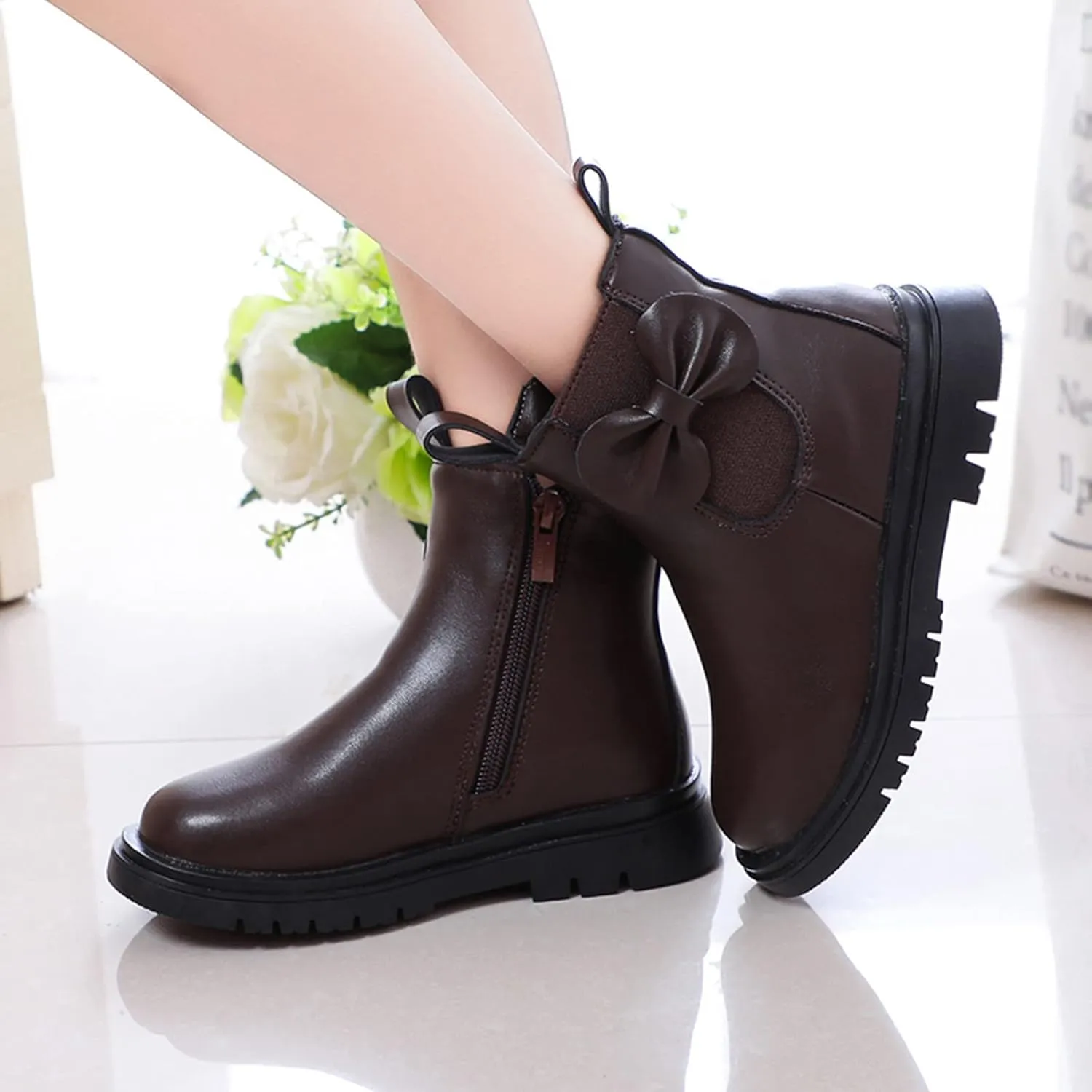 Kids Ankle Boots Little Girls Leather Short Boots Side Zipper Non Slip Nude Work Boots High Heel ombat Boots