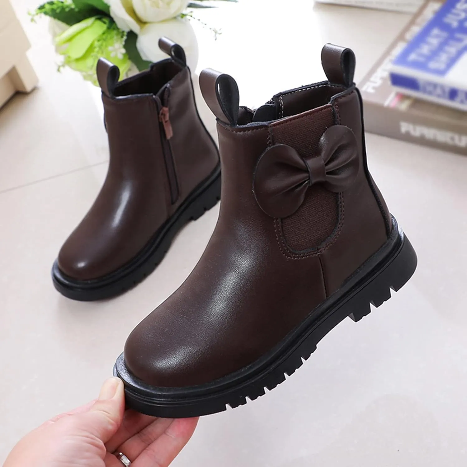 Kids Ankle Boots Little Girls Leather Short Boots Side Zipper Non Slip Nude Work Boots High Heel ombat Boots