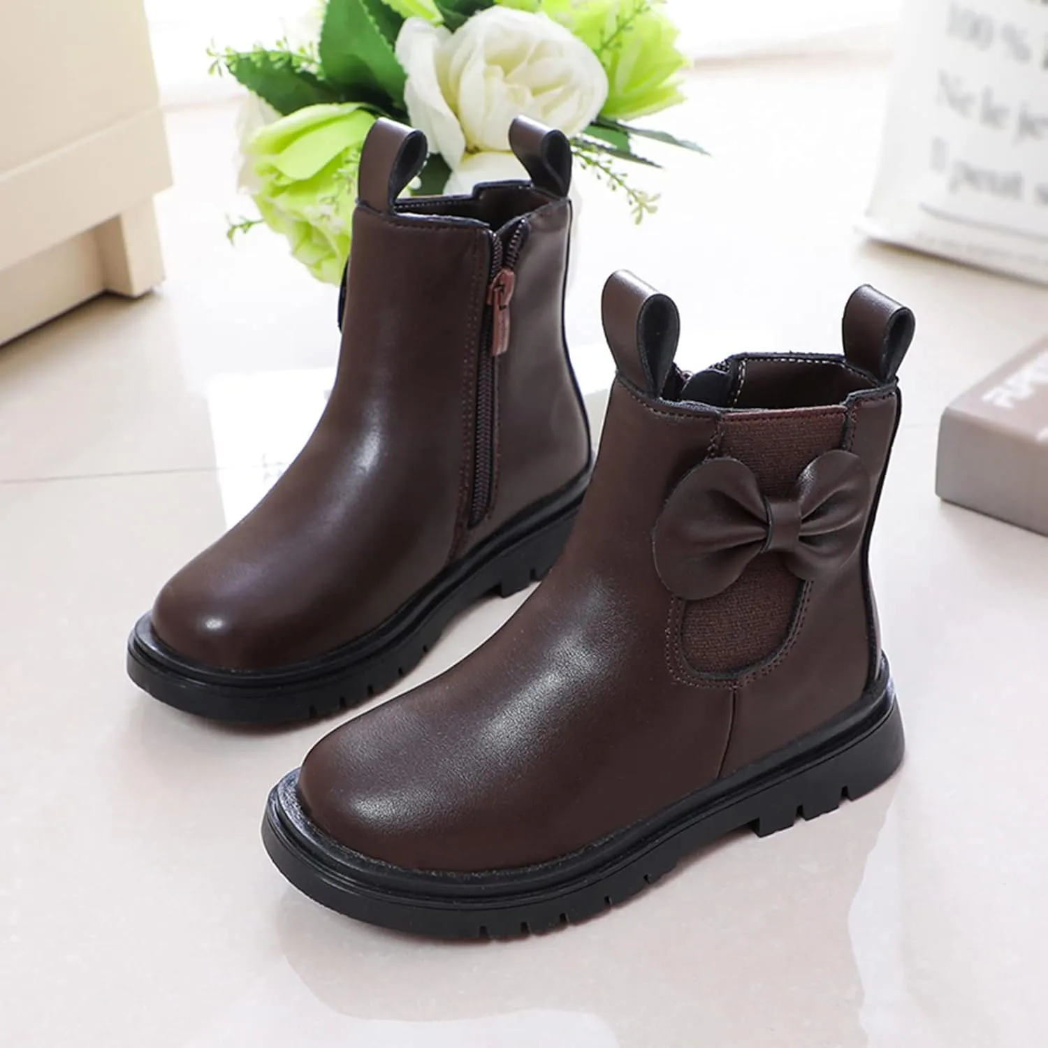 Kids Ankle Boots Little Girls Leather Short Boots Side Zipper Non Slip Nude Work Boots High Heel ombat Boots