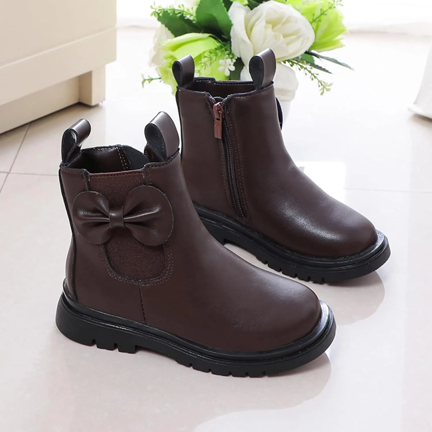 Kids Ankle Boots Little Girls Leather Short Boots Side Zipper Non Slip Nude Work Boots High Heel ombat Boots