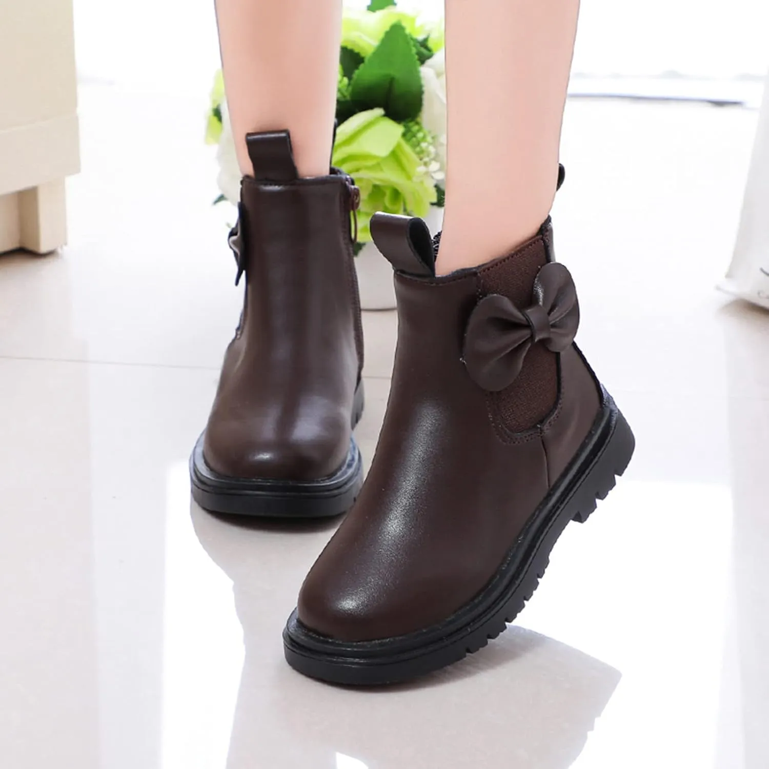Kids Ankle Boots Little Girls Leather Short Boots Side Zipper Non Slip Nude Work Boots High Heel ombat Boots
