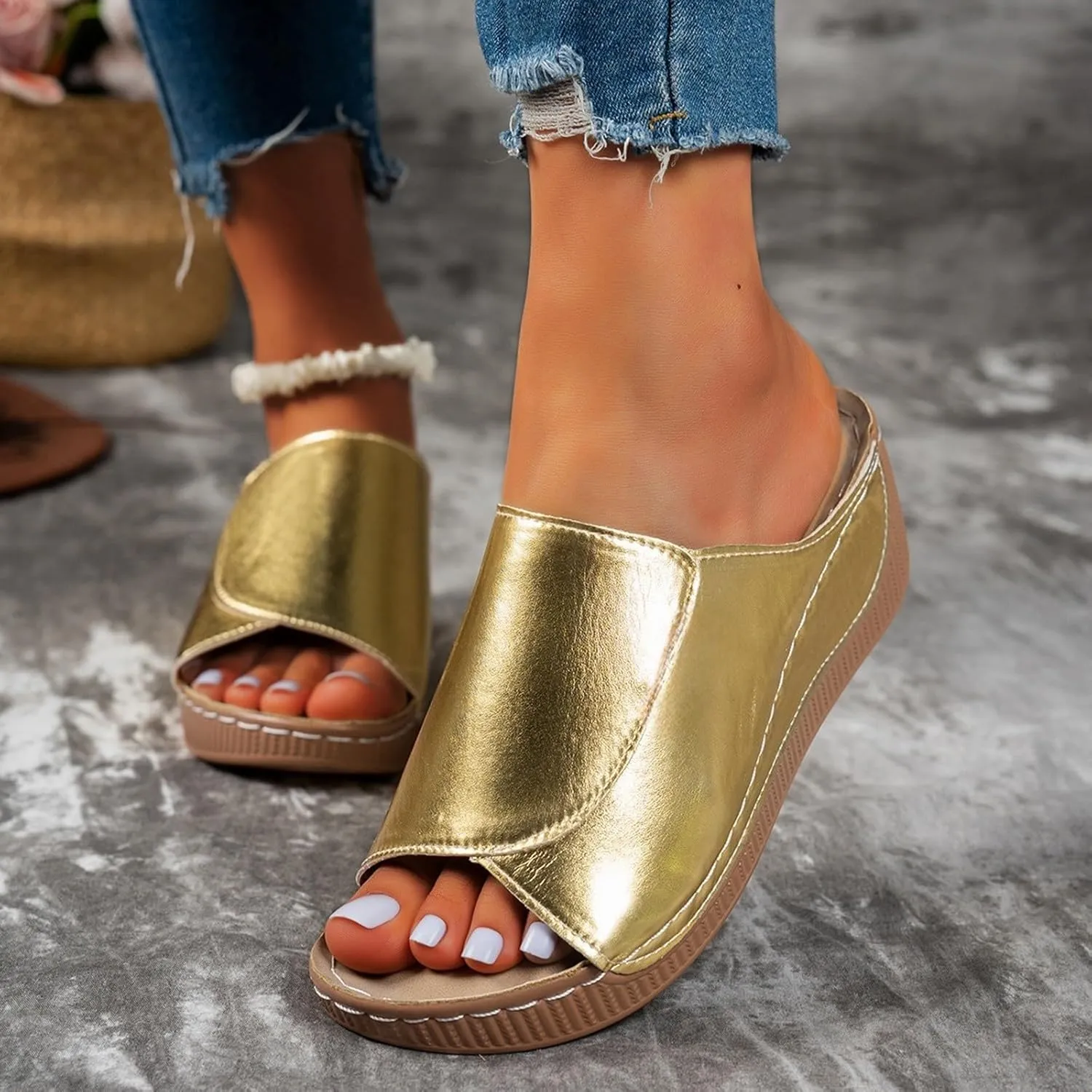 Women's Platform Wedge Sandals Slip On Peep Toe High Heel Sandal Comfortable Orthopedic Damping Sole Sandals Womens Dressy Summer Lightweight Flip Flops Casual Arch Support Walking Wedges Slippers