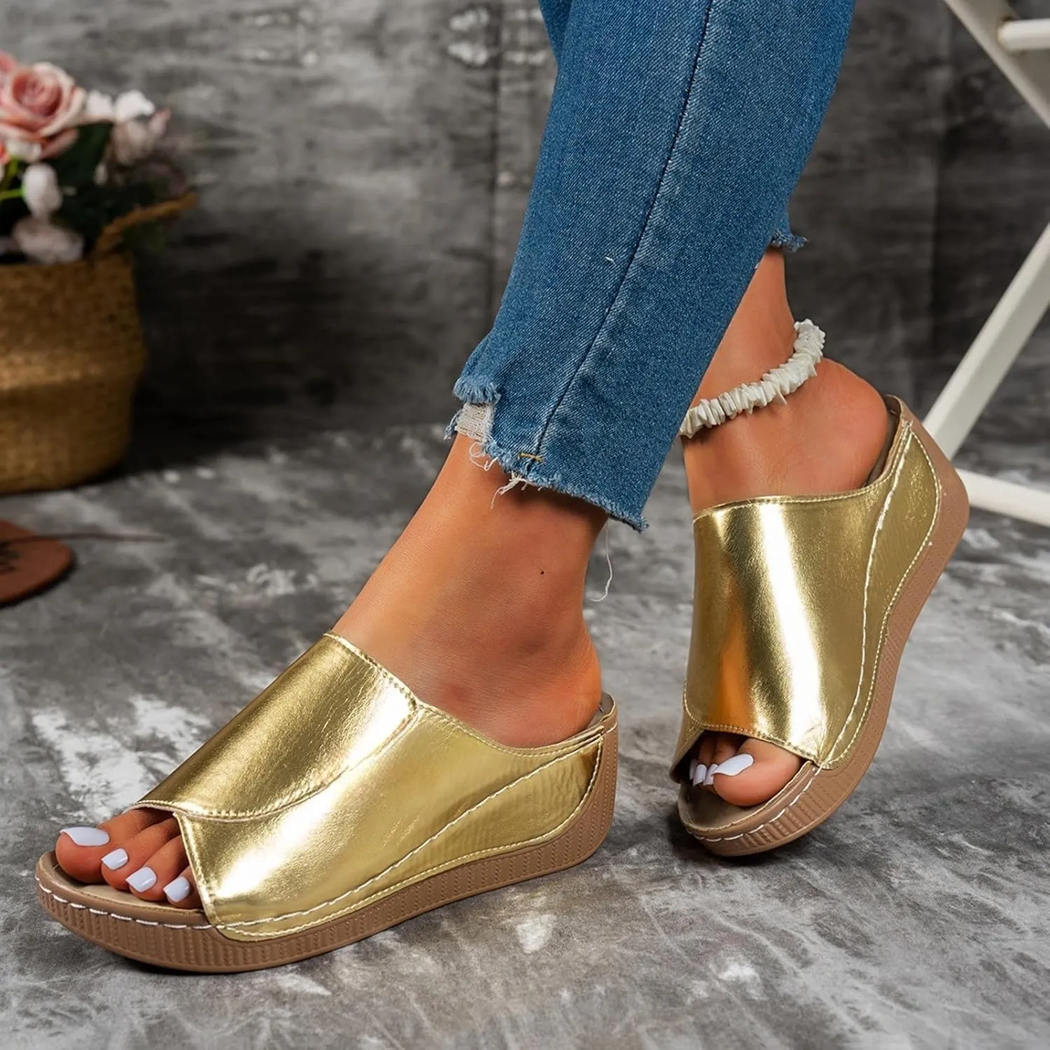 Women's Platform Wedge Sandals Slip On Peep Toe High Heel Sandal Comfortable Orthopedic Damping Sole Sandals Womens Dressy Summer Lightweight Flip Flops Casual Arch Support Walking Wedges Slippers