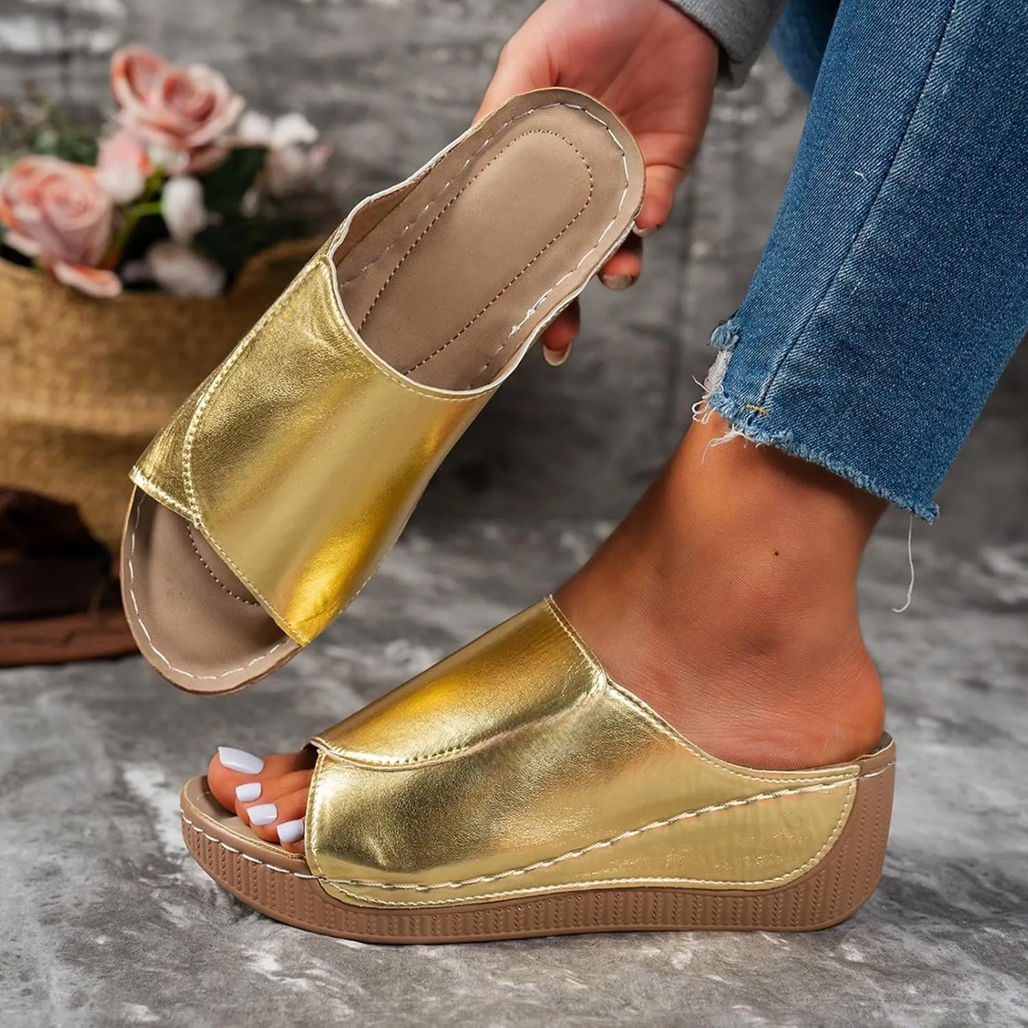 Women's Platform Wedge Sandals Slip On Peep Toe High Heel Sandal Comfortable Orthopedic Damping Sole Sandals Womens Dressy Summer Lightweight Flip Flops Casual Arch Support Walking Wedges Slippers